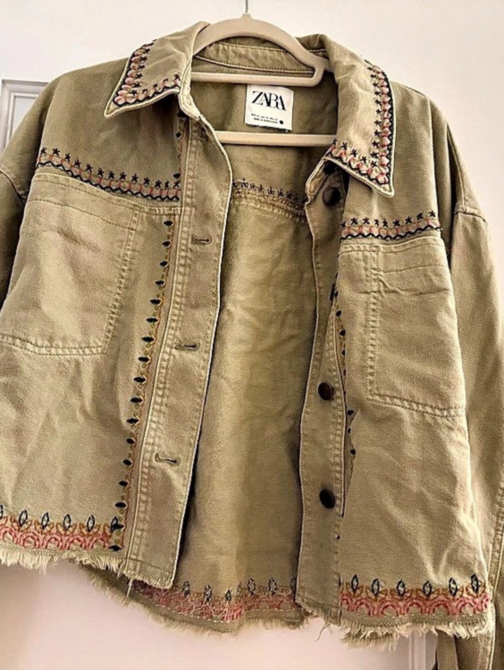 Zara Ethnic Embroidered Khaki Jacket Green & Pink XS